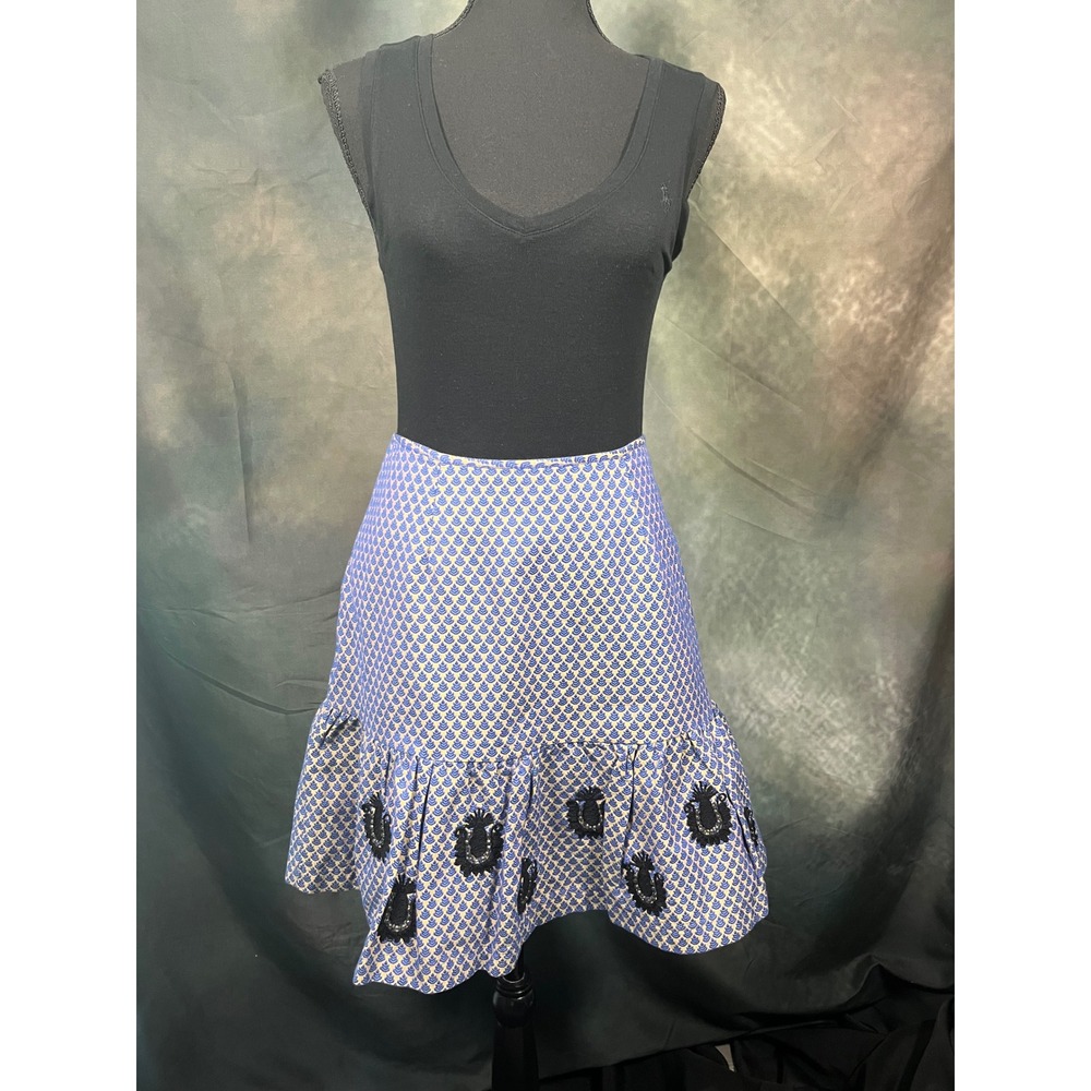 Leifsdottir Blue Gold Jacquard Beaded Drop Waist Ruffle Mini Skirt Size 6